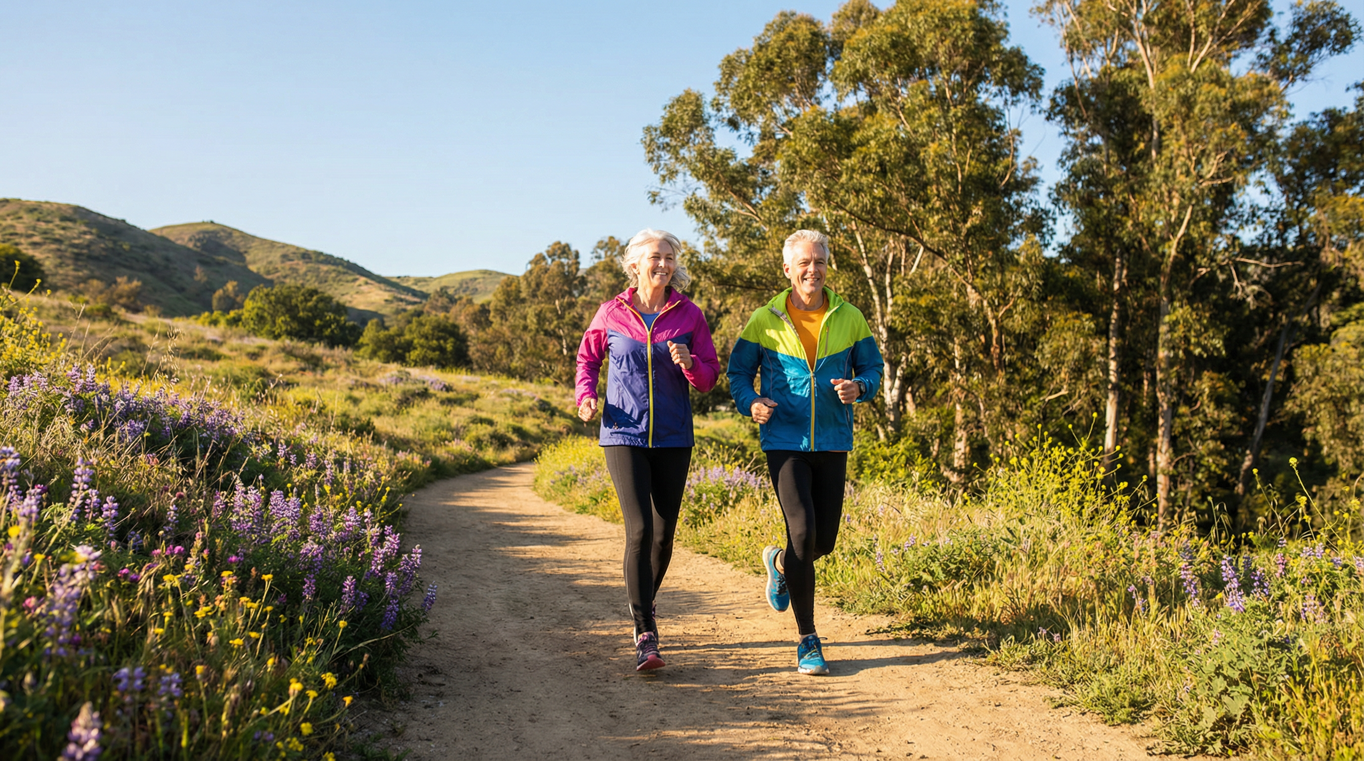 Active senior couple jogging in nature